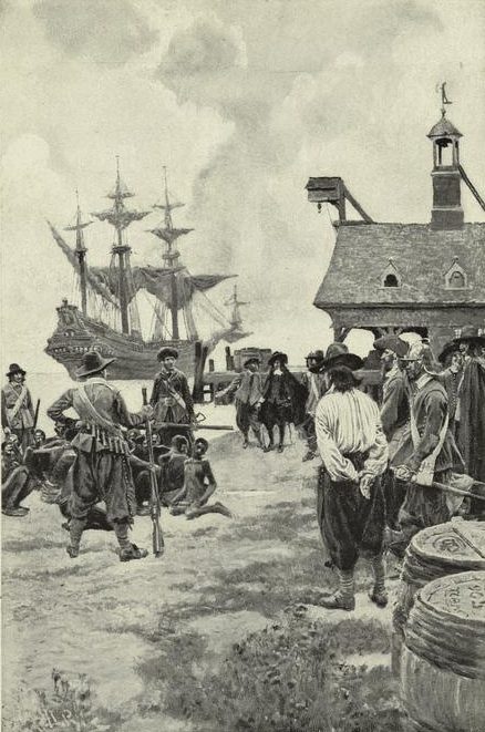 “Landing negroes at Jamestown from Dutch man-of-war, 1619.” 1901-01. The New York Public Library Digital Collections.